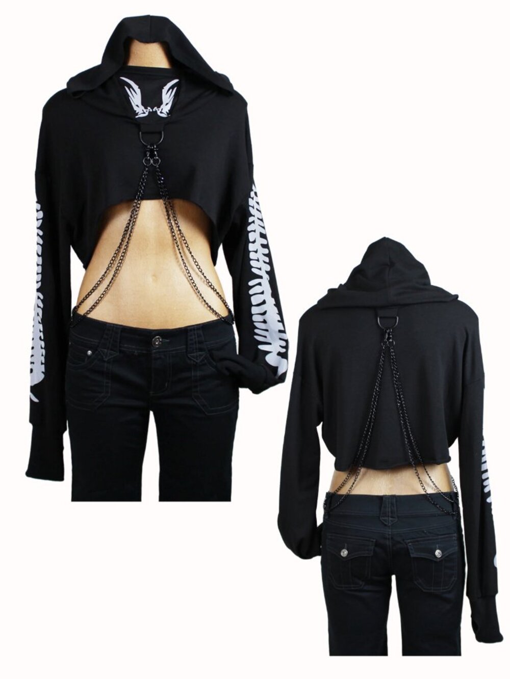 Reflective Skeleton Graphic Chain-Link Cropped Hoodie (L)